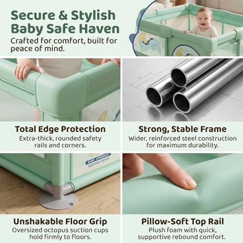 Image of StarAndDaisy Play Pen for Baby for 0-5 Years 120 x 120 cm Baby Play Area Indoor Setup with Safety Lock & Anti-Fall Grasp System | Breathable Play Pen for Kids Indoor - Green