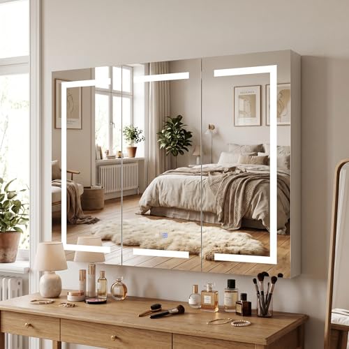 Caldion Spiegelschrank 120cm Bad mit 3 LED-Beleuchtung Entfogging-Funktion Badezimmerschrank mit 3 Spiegel Badschrank hängend mit Ablagen Wandschrank mit Glastüren 120x13x90cm Weiß
