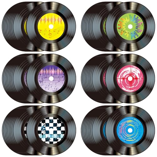 FillTouch 60 Pcs 13'' 1950's Rock and Roll Vinyl Record Placemat Vintage Musical Theme Table Place Mats Paper Round Disposable Placemats 50's Theme Rock Party Table Mats for Dining Home Decorations