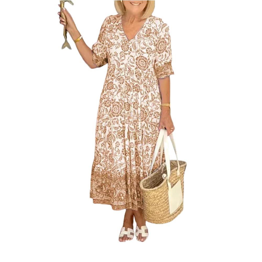 DYJAGYO Vestido Boho con Cuello en V, Vestido de Playa de Verano Floral, Vestido Casual de Mujer 2024