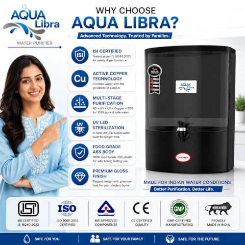 Image of Aqua Libra 10L RO+UF+UV LED Water Purifier for Home | Active Copper Technology | ISI Certified | Multi-Stage Filtration | Suitable for Borewell, Tanker & Municipal Water | Food Grade ABS | Black