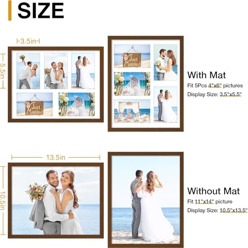 decorUhome 11x14 Picture Frames Collage Wall Decor, Display 5Pcs 4x6 Photos with Mat or 1Pcs 11x14 Unmatted, 5 4x6 Collage Picture Frames for Wall Mounting, Brown