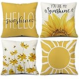 Snylcce Hello Sunshine Pillow Cover Farmhouse Yellow Lumbar Pillow Cover Spring Summer Daisy Bee Sunflower Set of 4 Decorations Cushion Case for Sofa Couch Polyester Linen 16x16 Inches