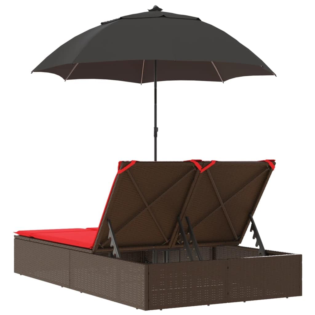 Chaise Longue Double en Résine Tressée Marron avec Parasol Rouge et Coussins Lavables - Lit de Jardin 2 Places avec Dossier Réglable pour Terrasse et Piscine - 200 x 164 x 176 cm
