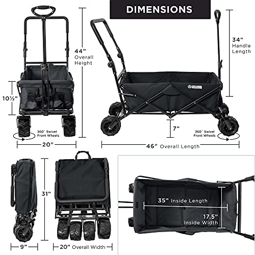 Black Wide Wheel Wagon All-Terrain Folding Collapsible Utility Wagon With Push Bar - Portable Rolling Heavy Duty 150 Lbs Capacity Canvas Fabric Cart Buggy - Beach, Garden, Sporting Events, Park #TOP2