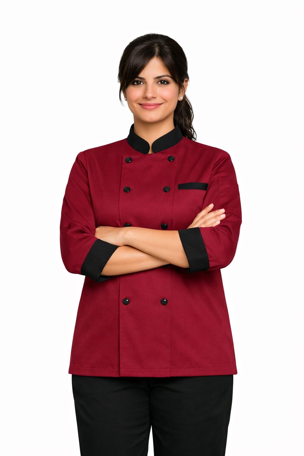 Women’s Chef Coat, Maroon | Cotton-Polyester Blend Full Sleeve Kitchen Uniform (IN, Alpha, XL, Standard, Maroon)-image-2