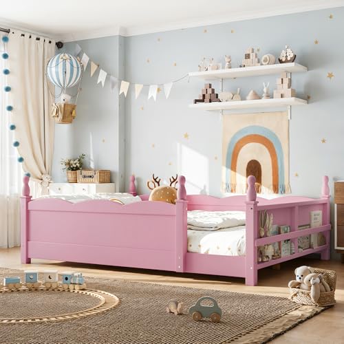Image of Bellemave Full Size Montessori Floor Bed Frame with High Fence, Solid Wood Kids Floor Bed with Bookshelf, Low Profile Bed for Boys & Girls, Childlike Design,Pink