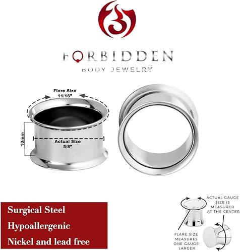 Miniatura 2 de Forbidden Body Jewelry Calibres de oreja, túneles de oreja, túneles para orejas, aretes de acero quirúrgico de 12G-2 pulgadas, acabado de espejo,