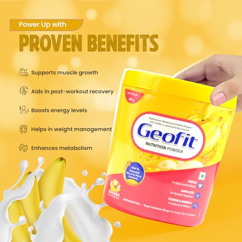 Image of Geofit Nutrition Powder- Banana Flavour | High-Calorie Protein Powder for Better Health & Immunity | Minerals & Multivitamins Rich Powder for Men & Women- 250g