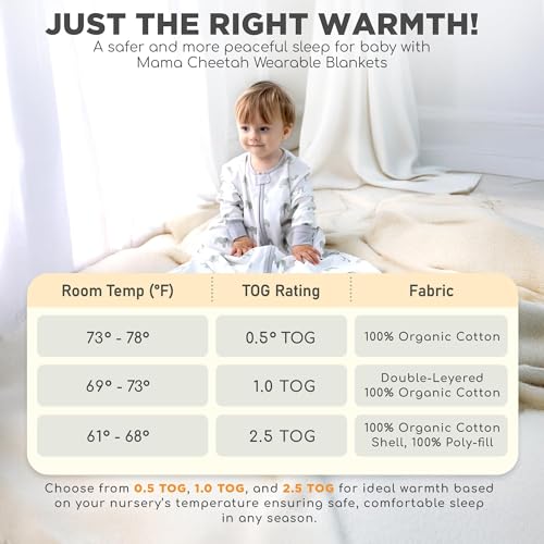 Image of Mama Cheetah Baby Sleep Sack with Sleeves, 1.0 TOG Organic Cotton Wearable Blanket and Two-Way Zipper, Swaddle Transition Long Sleeve Sleeping Bag for Infant Toddler, 12-18 Months, 2-Pack