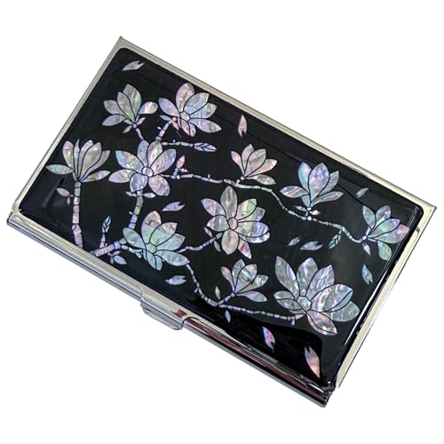 Image of Mother of Pearl Business Card Case Credit Id Name Holder Travel Wallet Art Painting Design Metal Stainless Steel Engraved Slim Purse Pocket Cash Money Wallet (N Magnolia)