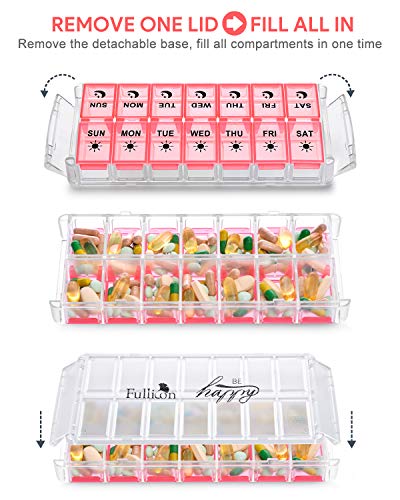 Image of Weekly Pill Organizer 7 Day 2 Times a Day Extra Large, Quick Fill 2022 Fullicon AM PM XL Daily Pill Cases Pill Box with Detachable Base - Pink (Patent Registered) (Pack of 2)