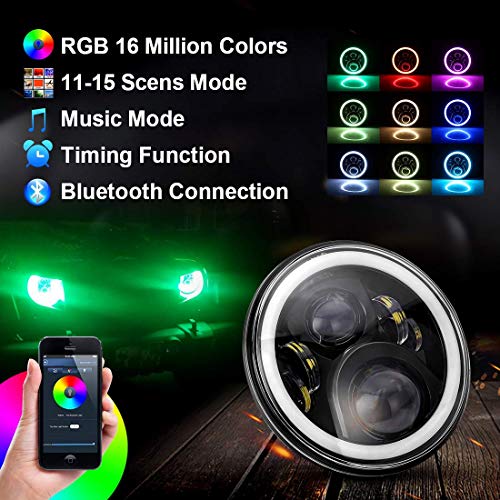 MOSTOP 7" RGB Harley Davidson Motorcycle Headlight LED Daymaker RGB Halo Angle Eye Vehicle Light H4 Plug App Bluetooth Multicolor Control, Fit Road King, Street Glide, Fatboy, Soft Tail