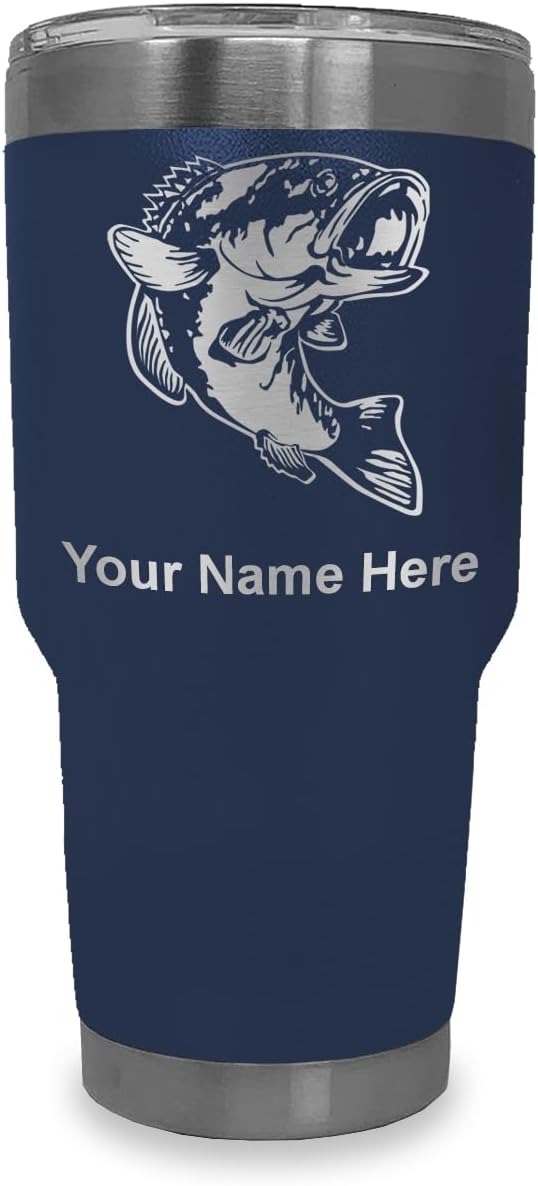 LaserGram 30oz Vacuum Insulated Tumbler Mug, Bass Fish, Personalized Engraving Included (Navy Blue)