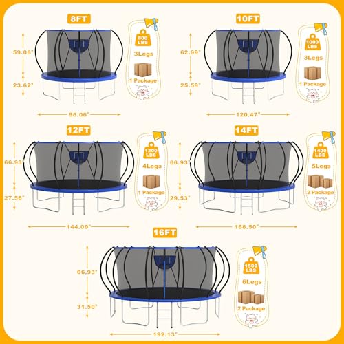1500LBS Tranpoline Outdoor 8 10 12 14 16FT Tranpoline for Kids and Adults,【Easy to Install & Built to Last】 Recreational Tranpolines with Net, Light+Sprinkler, Basketball Hoop, ASTM Approved