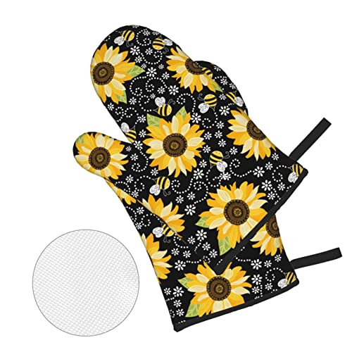 Sunflower Bees Oven Mitts And Pot Holders Sets Of 4 High Heat Resistant Oven Mitts With Oven Gloves And Hot Pads Polyester Potholders For Kitchen Baking Grilling Bbq Non-Slip Cooking Mitts #TOP2
