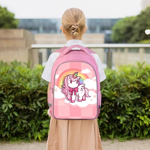 Bow Unicorn Backpack for Girls 3-in-1 Set with Lunch Box & Pencil Case, Pink Rainbow Princess School Bag for Kids Teens Elementary to Middle School, Cute Bookbag Travel BackPack for Ages 6-18-A3