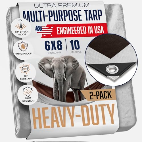 (2 Pack) 6x8 Heavy Duty Tarp, Waterproof Plastic Poly 10 Mil Thick Tarpaulin with Metal Grommets Every 18 Inches - for Roof, Camping, Outdoor, Patio. Rain or Sun (Reversible and Silver)