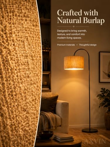 Image of Floor Lamp for Living Room & Bedroom | 60 inch Tall Arc Standing Lamp with Jute Shade | Corner Reading Lamp | Modern Home Decor Light | Matte Black Metal Base