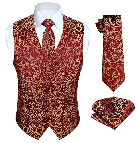 Image of HISDERN Vest and Tie Sets for Men Vests Paisley Floral Jacquard Necktie Pocket Square 3PCS Waistcoat for Suit or Tuxedo