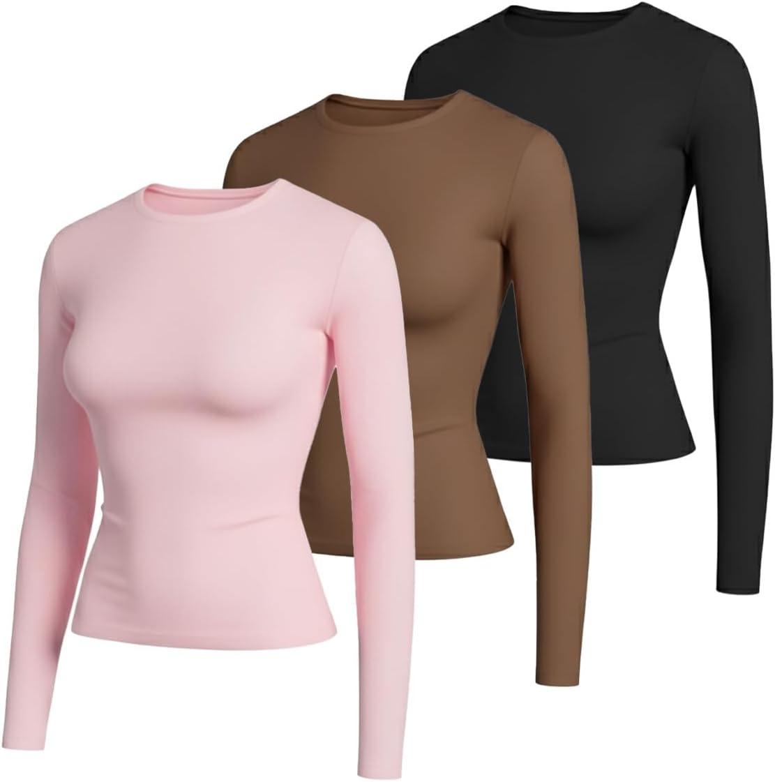 Liloak Women Double Lined Silky Shirts Pack Long Sleeve Thin Basic Tees Slim Fit Crew Neck Airy T-Shirts