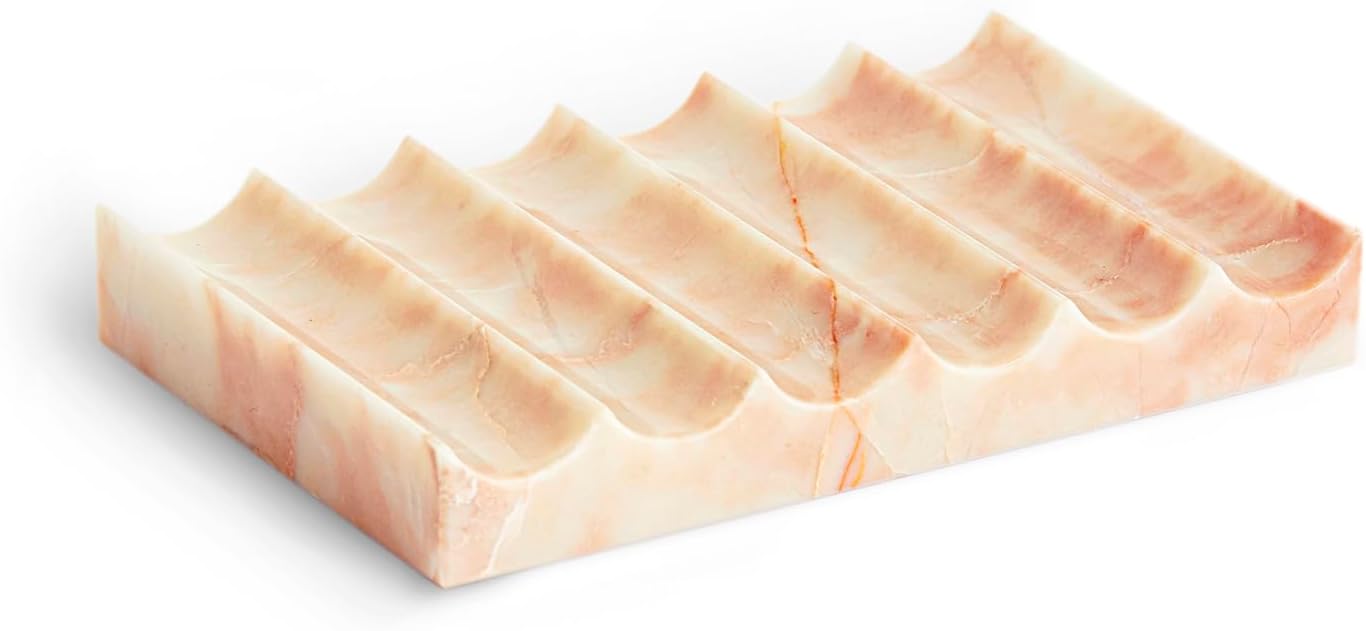 Luxurious Marble Soap Dish Jewelry Ring Tray - Rectangle Stone Soap Tray & Saver for Shower – Self Draining Soap Holder for Bathroom, Kitchen, Red Travertine