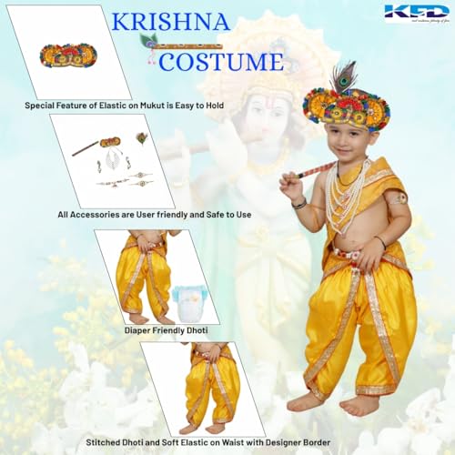 Image of Kaku Fancy Dresses Krishna Costume With Dhoti For Boy /Janmashtami /Bal Gopal Dress /Kanha Costume /Bal Krishna /Mythological Costume For Boy - Yellow-Red, 1-2 Years
