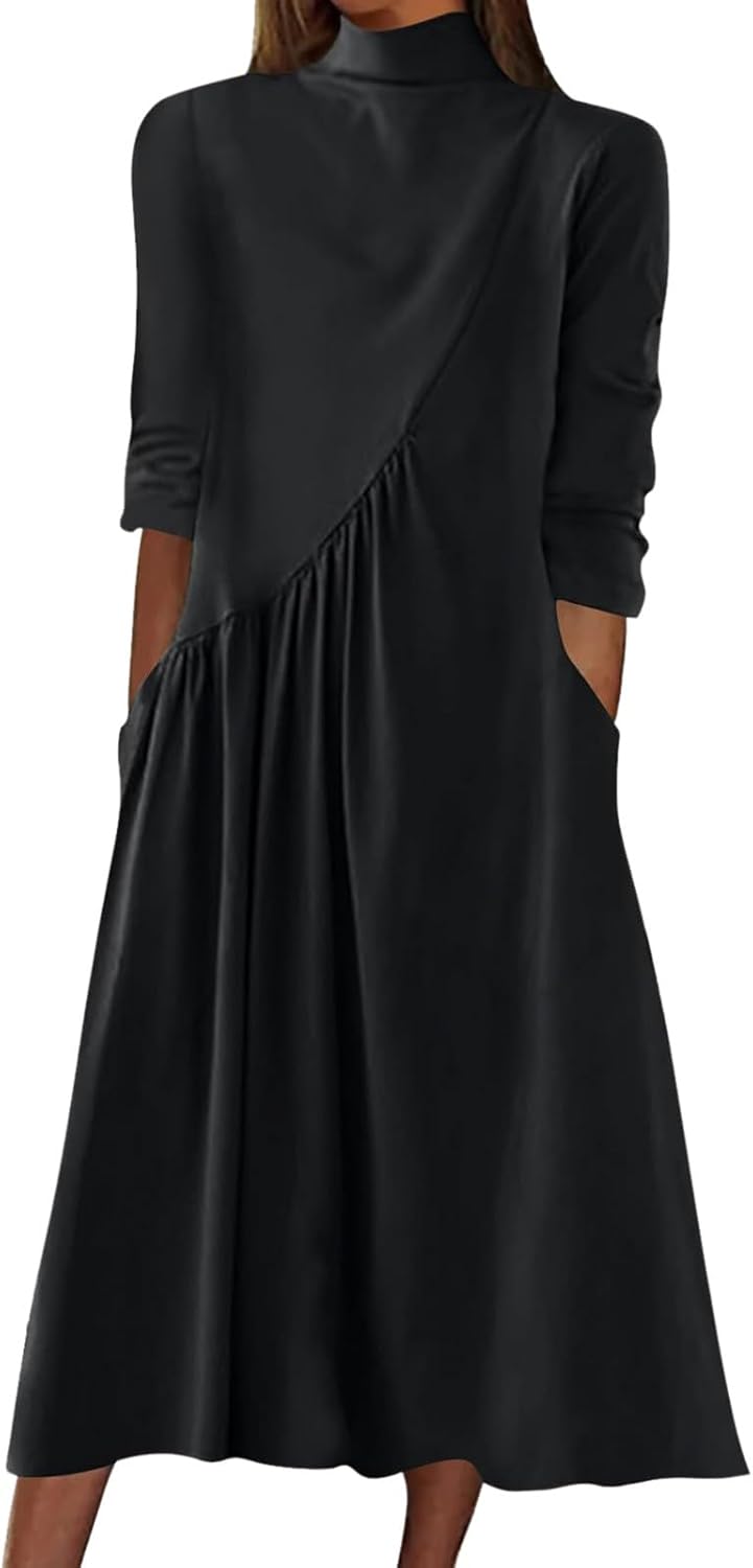 Robe Vintage Femme Col Roulé- Robe Grande Taille Manches