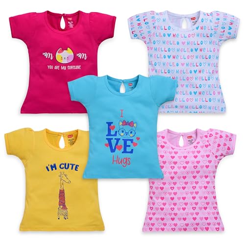Image of LuvLap Baby Girls Regular Fit 100% Cotton Half Sleeves Girls Top Pack of 5