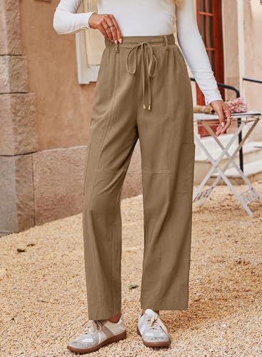 Dokotoo Womens Drawstring High Waisted Pants 100% Cotton Casual Loose Outdoor Travel Trousers with 4 Pockets2