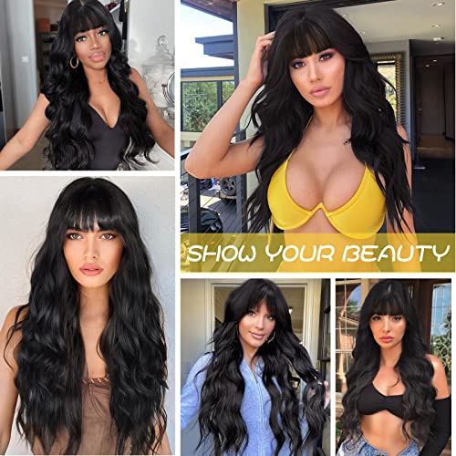 Aisi Queens Black Wig With Bangs, Long Black Wavy Wigs For Women Synthetic Wigs Natural Black Curly Hair Wig For Girls Daily Party Use #TOP3