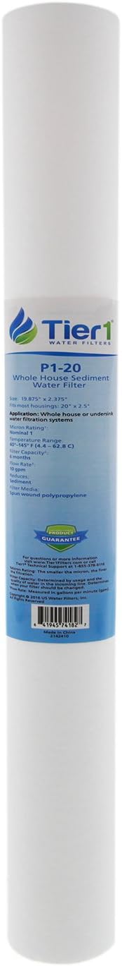 Tier1 1 Micron 20 x 2.5 Whole House Water Filter | Spun Wound Polypropylene Sediment Depth Filtration | Replacement for Pentek P1-20, SP-P1-20, PX01-20 | 2.5 x 20 Water Filter Cartridge