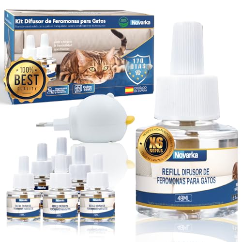 Novarka® | MEGAPACK de 2 Difusores + 6 Recambios de 48ml (170 Días) de Feromonas para Gatos | Solución Natural de Ansiedad y Estres para Gato | Ideal para Hogares.