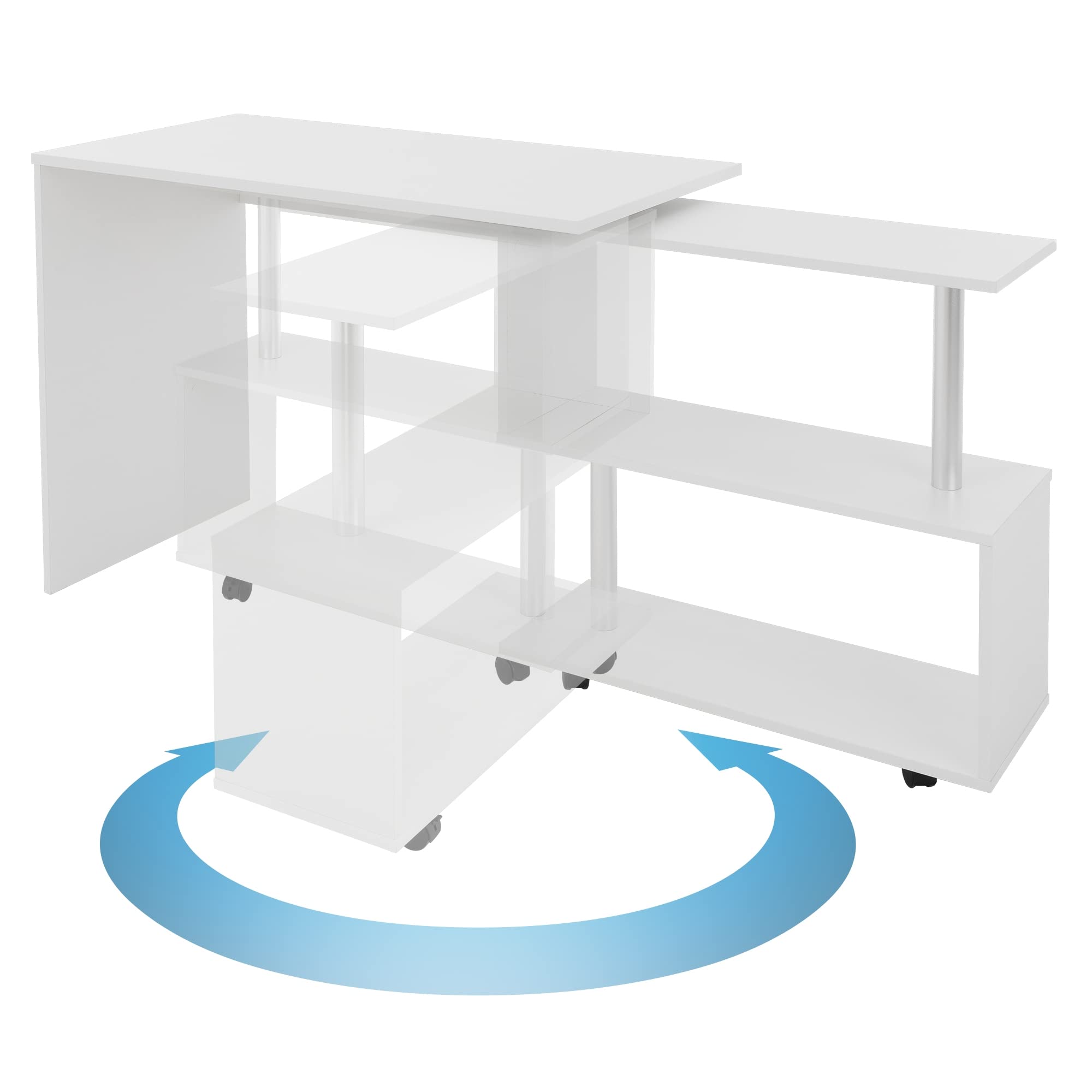 ML-Design Scrivania Angolare per Computer PC 150x88x75 cm Girevole a 90° Forma di L Tavolo ad Angolo con 4 Ruote Mensola a 3 Ripiani per Casa Ufficio Postazione di Lavoro Design Moderno Bianca
