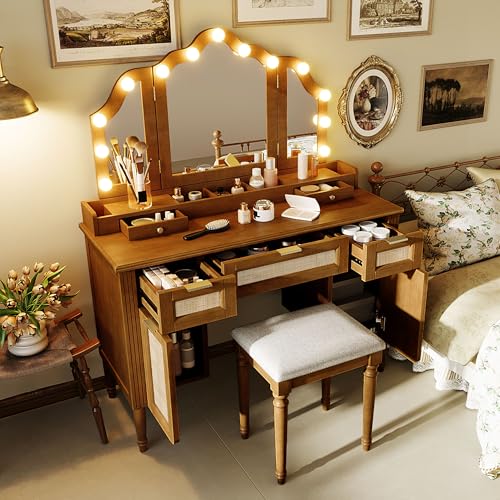 Image of JIVOIT 44.37 inch Makeup Vanity Desk with Tri-Fold Mirror, Large Vanity Table with 5 Drawers and Shelves and 2 Cabinets, Dressing Table, Easy Assembly