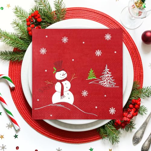Quera 50 Pack Christmas Paper Napkins Snowman Red Silver Foil Disposable Beverage Napkins Decorative Table Napkin for New Year Winter Dinner Merry Christmas Holiday Xmas Party Supplies, 6.5 "x 6.5" – Image 5