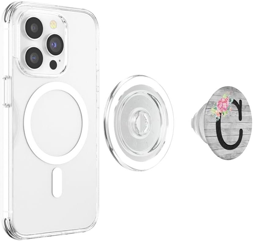 Black Letter C Initial Monogram Floral Watercolor On Gray PopSockets MagSafe PopGrip for iPhone