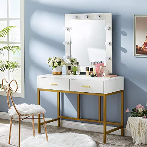 Tribesigns Vanity Table With Lighted Mirror, Makeup Vanity Dressing Table With 9 Lights And 2 Drawers For Women, Dresser Desk Vanity Set For Bedroom, Gold (White) #TOP1