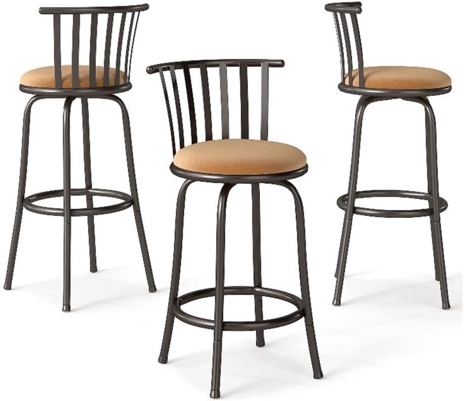 Pemberly Row Metal Adjustable Bar Stools, Set of 3, Cushioned Seat, 24/29 in Height, Brown Finish, Sturdy Metal Frame, Breakfast Counter Dining Chairs for Kitchen, Home Bar, or Basement Use
