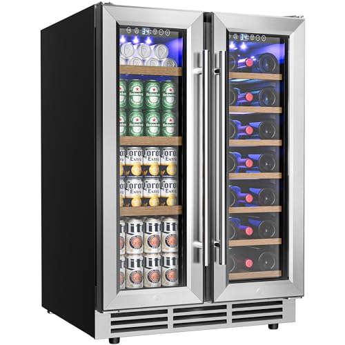Comparison: Best Fully Integrated Wine Fridge 6 EUHOMY Wine and Beverage Refrigerator, 24 Inch Dual Zone Wine Cooler with Glass Door Hold 21 Bottles and 88 Cans, Built in or Under Counter Wine Fridge with Blue LED Light