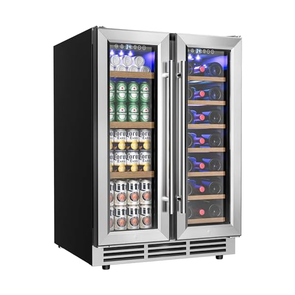 EUHOMY Wine and Beverage Refrigerator, 24 Inch Dual Zone Wine Cooler with Glass Door Hold 21 Bottles and 88 Cans, Built in or Under Counter Wine Fridge with Blue LED Light