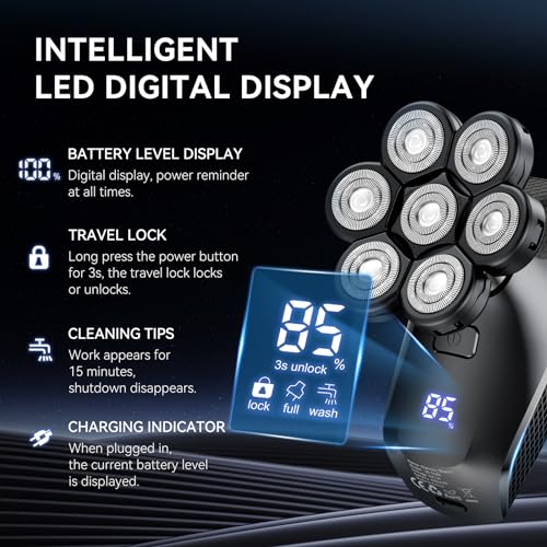 Image of KENSEN 5 in 1 Bald Men's Electric Head Shaver, 7D Floating Heads, USB Charging, LED Display, Waterproof, Black (Black)