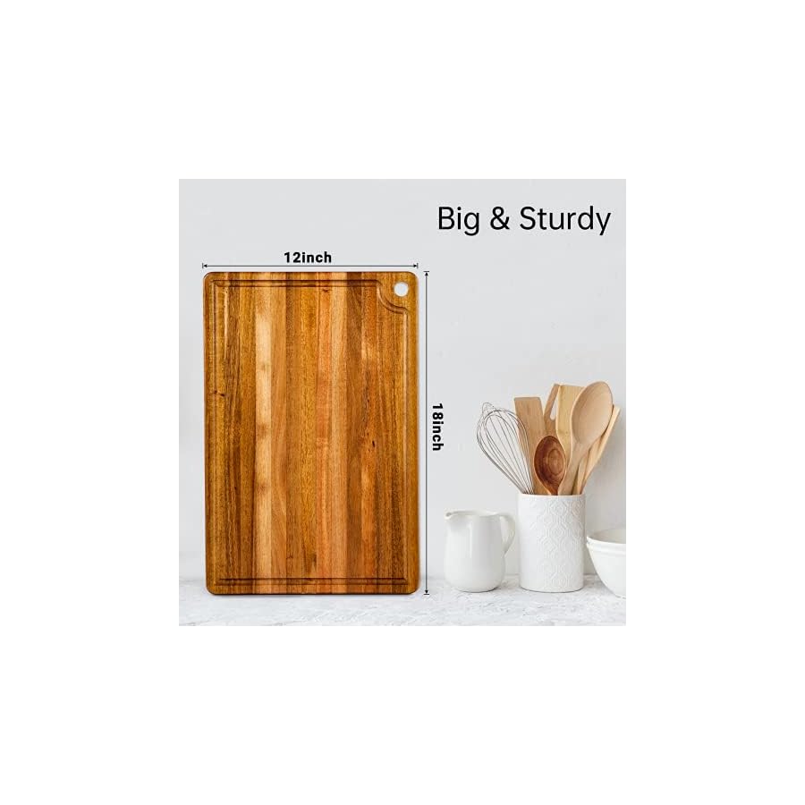 Large-Acacia-Wood-Cutting-Board-for-Kitchen-Caperci-Better-Chopping-Board-with-Juice-Groove-Handle-Hole-for-Meat-Butcher-Block-Vegetables-and-Cheese-18-x-12-Inch Large Acacia Wood Cutting Board for Kitchen - Caperci Better Chopping Board with Juice Groove & Handle Hole for Meat (Butcher Block) Vegetables and Cheese, 18 x 12 Inch