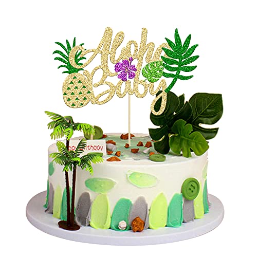 Gyufise 1Pcs Summer Hawaiian Cake Topper Aloha Baby Cake Topper Decoration Glitter Aloha Baby Shower Decorations for Tropical Hawaiian Luau Themed Baby Shower Decorations