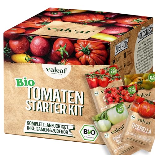 valeaf BIO Tomaten Starter Set I 5 Sorten Tomatensamen Saatgut I Tomatenpflanzen selber ziehen I Samen Anzuchtset Garten Geschenk