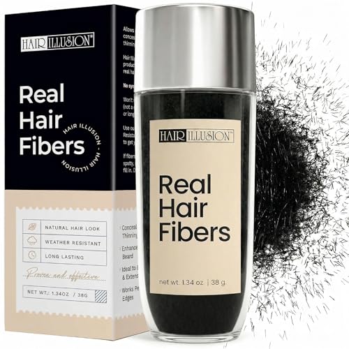 Hair Illusion Black Real Hair Fibers for Thinning Hair - 100% Natural Texture Non Synthetic Hair Fibers - Bald Spot Cover Up for Women & Men - 38 Gram