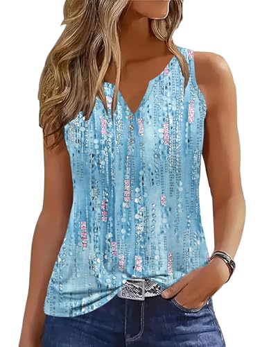 ETCYY Tank Tops for Women Loose Fit 2025 Spring Outfits Trendy Casual Summer Button Down V Neck Sleeveless Shirts,Dewdrop Blue,X-Large