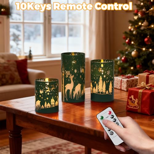 Image of Wondise Christmas Reindeer LED Flameless Candles with Remote Timer, Electroplate Glass Battery Operated Real Wax Flickering 3D Wick Pillar Candles for Christmas Holiday Home Decoration
