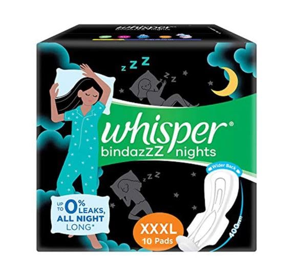 WHISPER BINDAZZZ NIGHTS SANITARY PADS, 10 XXXL PADS, UPTO 0% LEAKS ALL NIGHT LONG, FOR HEAVY FLOW, 75% LONGER & WIDER BACK, COMFORTABLE CUSHIONY SOFT WINGS, DISPOSABLE WRAPPER (B0DB8Q99YD) Amazon Price History, Amazon Price Tracker