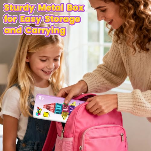 Image of 40PCS Magnetic Tiles Mini Travel Essentials Toddler Toys with Case Set, Preschool Montessori Education Magnetic Building Blocks Games Sensory Toys for 3 4 5 Year Old Boys Girls Birthday Gifts